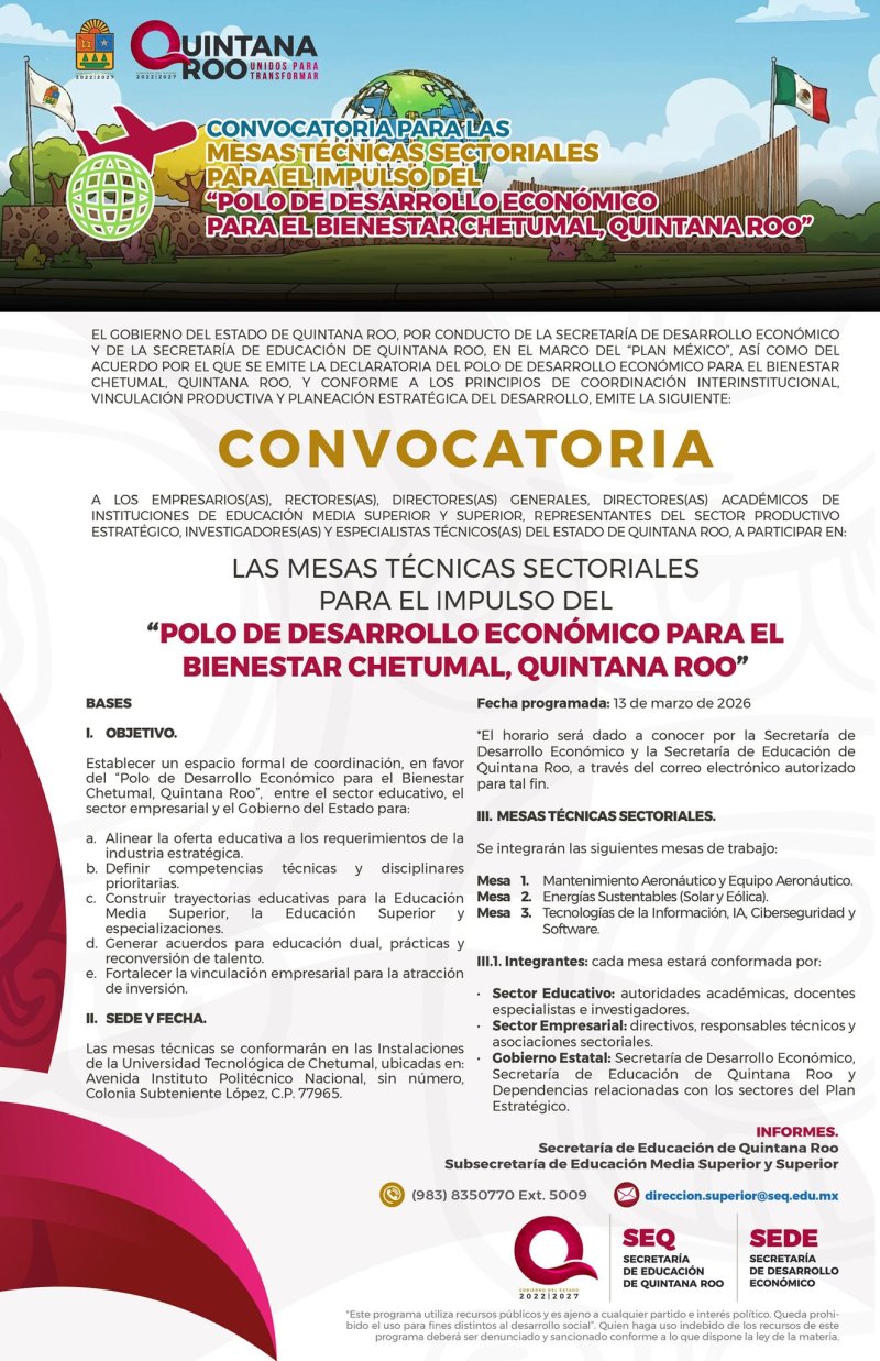 SEDE – Convocan a sectores educativo y empresarial a integrar mesas técnicas para el Polo de Desarrollo Económico en Chetumal