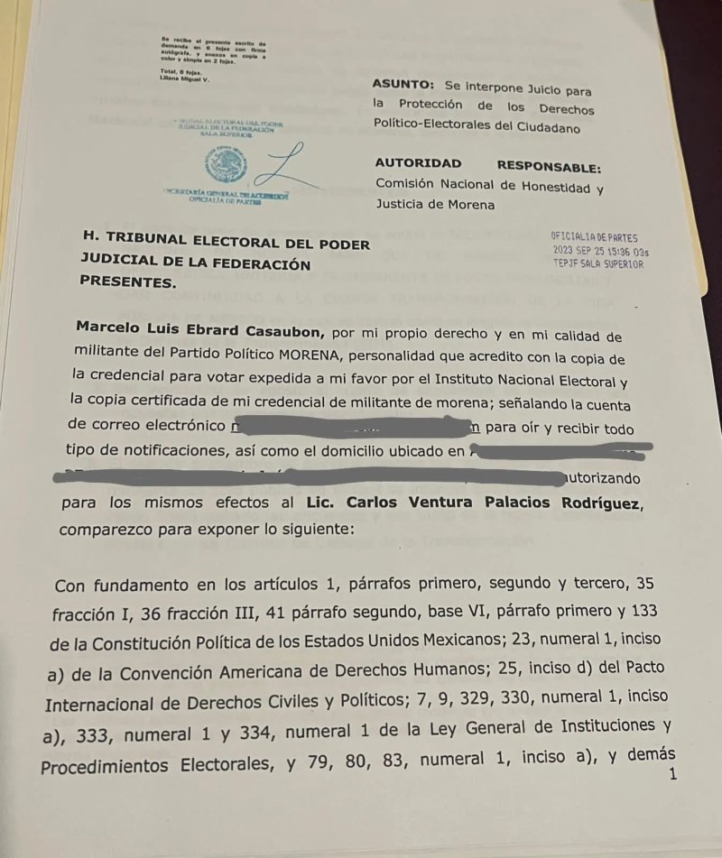 Ebrard interpone juicio contra Morena ante Tribunal Electoral