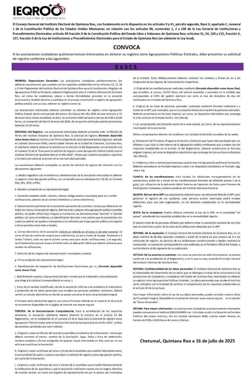 IEQROO abre convocatoria para registro de Agrupaciones Políticas Estatales.