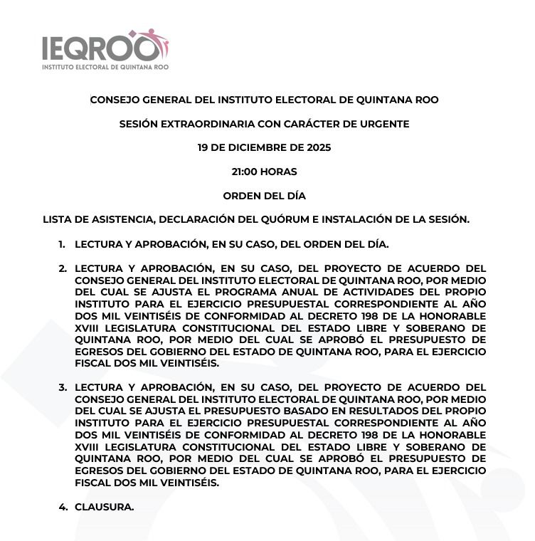 IEQROO convoca a sesión extraordinaria urgente del Consejo General