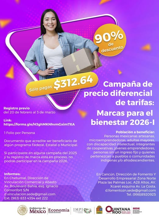 SEDE – LANZAN “MARCAS PARA EL BIENESTAR 2026-I” CON 90% DE DESCUENTO PARA REGISTRO DE MARCAS EN QUINTANA ROO