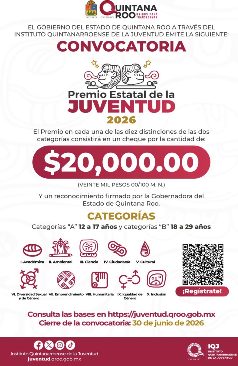 SEDE- Abren convocatoria al Premio Estatal de la Juventud 2026 en Quintana Roo