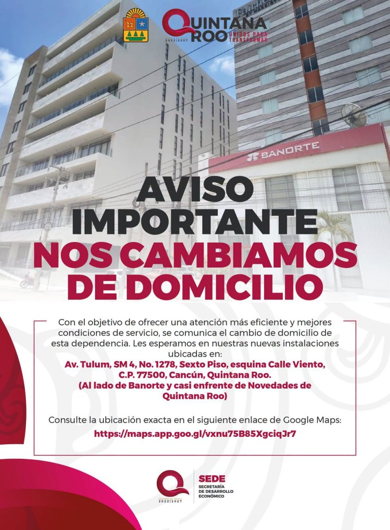SEDE Quintana Roo anuncia cambio de ubicación de sus oficinas en Cancún